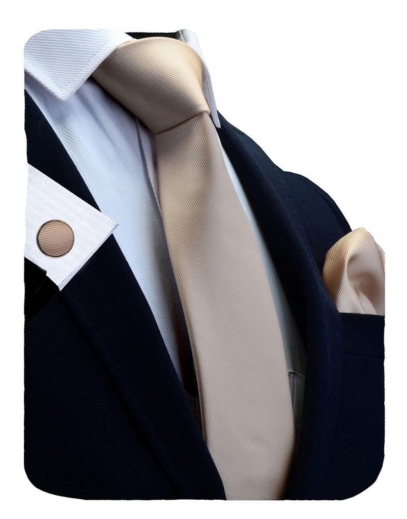 GUSLESON Brand Men's Solid Silk Champagne Ties Adult Neckties and Pocket Square Cufflinks Sets (0789-10) - Image 1